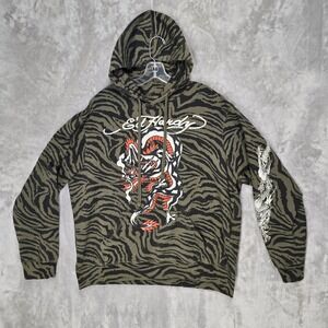Ed Hardy Hoodie Mens XL Green Camo Zebra Tiger Stripe Dragon Y2K Grunge Street
